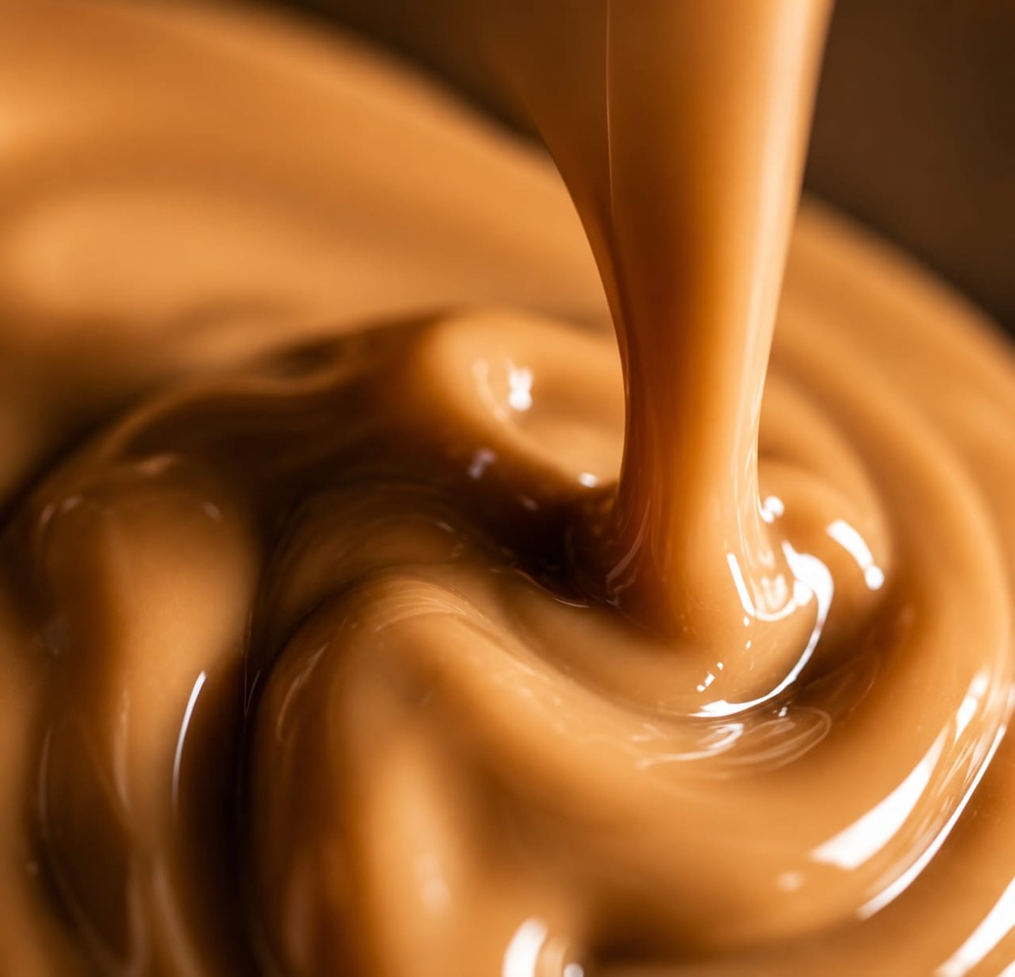Doce de leite cremoso sendo vertido, em macro, com textura brilhante e sedosa